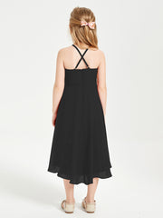Trendy Tea Length Junior Bridesmaid Dresses Asymmetrical Skirt Black
