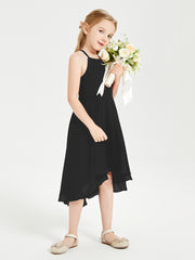 Trendy Tea Length Junior Bridesmaid Dresses Asymmetrical Skirt Black