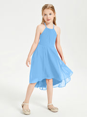 Trendy Tea Length Junior Bridesmaid Dresses Asymmetrical Skirt Blue