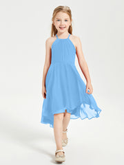 Trendy Tea Length Junior Bridesmaid Dresses Asymmetrical Skirt Blue