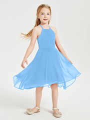 Trendy Tea Length Junior Bridesmaid Dresses Asymmetrical Skirt Blue