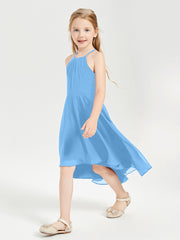 Trendy Tea Length Junior Bridesmaid Dresses Asymmetrical Skirt Blue
