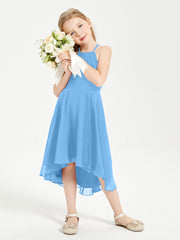 Trendy Tea Length Junior Bridesmaid Dresses Asymmetrical Skirt Blue