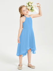 Trendy Tea Length Junior Bridesmaid Dresses Asymmetrical Skirt Blue
