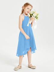 Trendy Tea Length Junior Bridesmaid Dresses Asymmetrical Skirt Blue