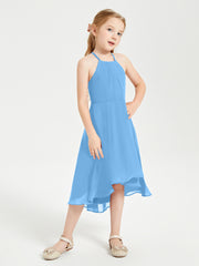 Trendy Tea Length Junior Bridesmaid Dresses Asymmetrical Skirt Blue