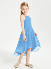 Trendy Tea Length Junior Bridesmaid Dresses Asymmetrical Skirt Blue