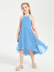 Trendy Tea Length Junior Bridesmaid Dresses Asymmetrical Skirt Blue
