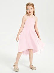 Trendy Tea Length Junior Bridesmaid Dresses Asymmetrical Skirt Blushing Pink