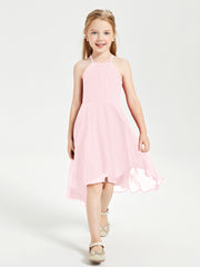 Trendy Tea Length Junior Bridesmaid Dresses Asymmetrical Skirt Blushing Pink