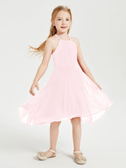 Trendy Tea Length Junior Bridesmaid Dresses Asymmetrical Skirt Blushing Pink