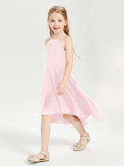 Trendy Tea Length Junior Bridesmaid Dresses Asymmetrical Skirt Blushing Pink