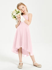 Trendy Tea Length Junior Bridesmaid Dresses Asymmetrical Skirt Blushing Pink