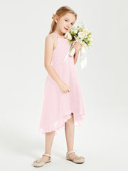 Trendy Tea Length Junior Bridesmaid Dresses Asymmetrical Skirt Blushing Pink