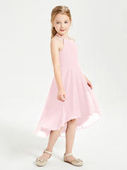 Trendy Tea Length Junior Bridesmaid Dresses Asymmetrical Skirt Blushing Pink