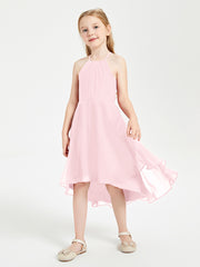 Trendy Tea Length Junior Bridesmaid Dresses Asymmetrical Skirt Blushing Pink