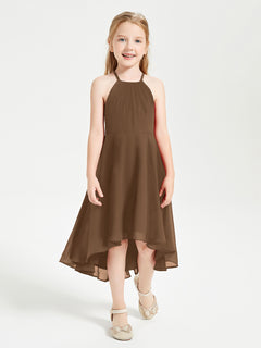 Trendy Tea Length Junior Bridesmaid Dresses Asymmetrical Skirt Brown