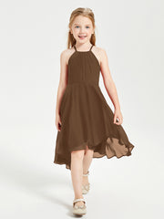 Trendy Tea Length Junior Bridesmaid Dresses Asymmetrical Skirt Brown