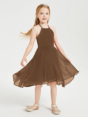 Trendy Tea Length Junior Bridesmaid Dresses Asymmetrical Skirt Brown
