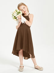 Trendy Tea Length Junior Bridesmaid Dresses Asymmetrical Skirt Brown