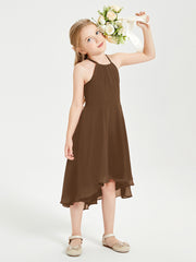 Trendy Tea Length Junior Bridesmaid Dresses Asymmetrical Skirt Brown