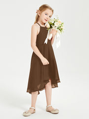 Trendy Tea Length Junior Bridesmaid Dresses Asymmetrical Skirt Brown