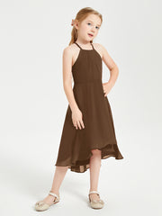 Trendy Tea Length Junior Bridesmaid Dresses Asymmetrical Skirt Brown