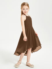 Trendy Tea Length Junior Bridesmaid Dresses Asymmetrical Skirt Brown