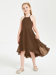 Trendy Tea Length Junior Bridesmaid Dresses Asymmetrical Skirt Brown