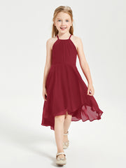 Trendy Tea Length Junior Bridesmaid Dresses Asymmetrical Skirt Burgundy