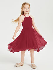 Trendy Tea Length Junior Bridesmaid Dresses Asymmetrical Skirt Burgundy