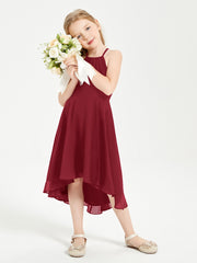 Trendy Tea Length Junior Bridesmaid Dresses Asymmetrical Skirt Burgundy