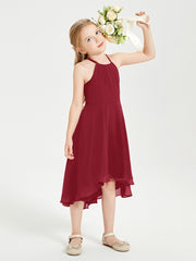 Trendy Tea Length Junior Bridesmaid Dresses Asymmetrical Skirt Burgundy