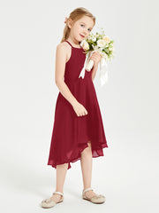 Trendy Tea Length Junior Bridesmaid Dresses Asymmetrical Skirt Burgundy