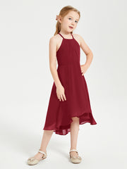 Trendy Tea Length Junior Bridesmaid Dresses Asymmetrical Skirt Burgundy