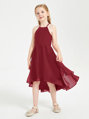 Trendy Tea Length Junior Bridesmaid Dresses Asymmetrical Skirt Burgundy