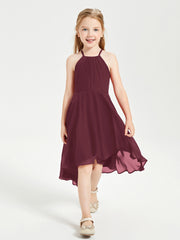 Trendy Tea Length Junior Bridesmaid Dresses Asymmetrical Skirt Cabernet