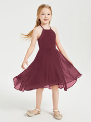Trendy Tea Length Junior Bridesmaid Dresses Asymmetrical Skirt Cabernet