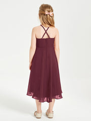 Trendy Tea Length Junior Bridesmaid Dresses Asymmetrical Skirt Cabernet