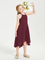 Trendy Tea Length Junior Bridesmaid Dresses Asymmetrical Skirt Cabernet