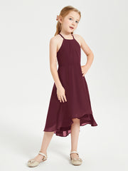 Trendy Tea Length Junior Bridesmaid Dresses Asymmetrical Skirt Cabernet