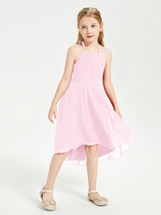 Trendy Tea Length Junior Bridesmaid Dresses Asymmetrical Skirt Candy Pink