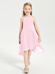 Trendy Tea Length Junior Bridesmaid Dresses Asymmetrical Skirt Candy Pink