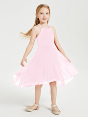 Trendy Tea Length Junior Bridesmaid Dresses Asymmetrical Skirt Candy Pink