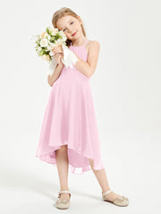 Trendy Tea Length Junior Bridesmaid Dresses Asymmetrical Skirt Candy Pink