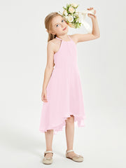 Trendy Tea Length Junior Bridesmaid Dresses Asymmetrical Skirt Candy Pink