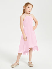 Trendy Tea Length Junior Bridesmaid Dresses Asymmetrical Skirt Candy Pink