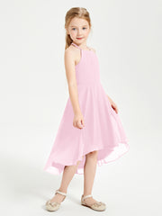 Trendy Tea Length Junior Bridesmaid Dresses Asymmetrical Skirt Candy Pink