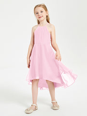 Trendy Tea Length Junior Bridesmaid Dresses Asymmetrical Skirt Candy Pink