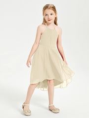 Trendy Tea Length Junior Bridesmaid Dresses Asymmetrical Skirt Champagne
